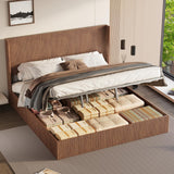 Lift Up Storage Bed King Size, King Bed Frame with Headboard and Lift Storage System, Wood Headboard with Wing-Back and Convex Groove Board Design Bellemave