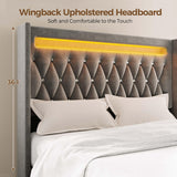 Rolanstar Queen Bed Frame with LED Light and Charging Station, Upholstered High Headboard and Footboard, Wood Slats, Noise Free, Easy Assembly, Grey Rolanstar