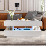 KUVADAZ 39.3" Lift Top Coffee Table with 2 Drawers and LED Lights, Modern Rectangular High-Gloss Center Table Cocktail Tea Table with Lift-Top and Hidden Space for Living Room Apartment White KUVADAZ
