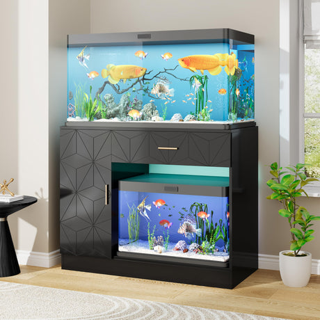 kepptory Heavy-Duty 40 Gallon Aquarium Stand, Modern Dual Tank Cabinet with Hidden Cord Organizer & 550lbs Capacity, 30-50 Gallon Fish Tank Stand, Waterproof and Adjustable Shelf, Black kepptory