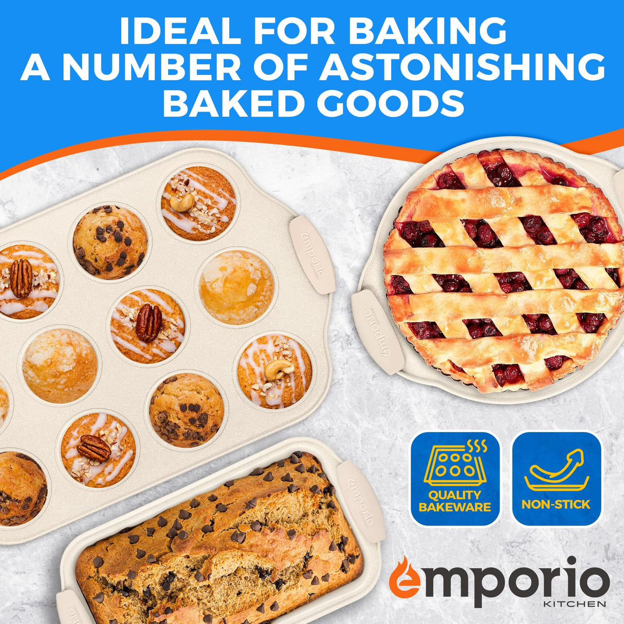 Emporio Kitchen Baking Pan Set - Nonstick Coating, Carbon Steel Bakeware Set with White Silicone Handle, PFOA, PFOS, PTFE Free, Recipe Booklet Included, Oven Safe Tray (Up To 450° F) Set of 25 - White Emporio Kitchen