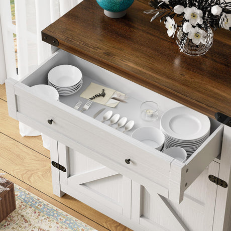 Flamaker Sideboard Buffet Cabinet with Storage, Farmhouse Coffee Bar Cabinet with 1 Drawer and 2 Barn Doors, Barn Door Console Table, Storage Cabinet for Kitchen, Dining Room, Entryway (White) Flamaker