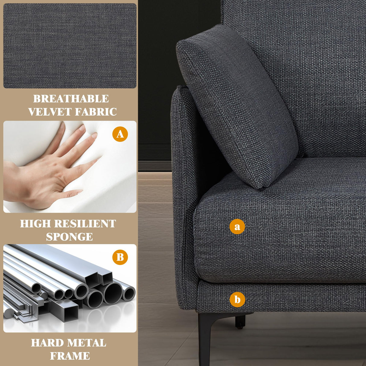 Plococo Simple Style Modern Loveseat Couch Sofa with USB Charge Port, 2 Pillows,Metel Legs for Primary Living Space, Bed Room, Office (Grey) Plococo