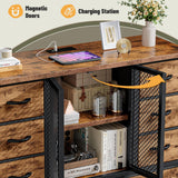 EnHomee Tall Dresser for Bedroom with 12 Drawer Dressers & Chests of Drawers for Closet with Power Outlets & LED Lights Large Dresser Organizer for Bedroom with Mesh Door, Rustic Brown EnHomee
