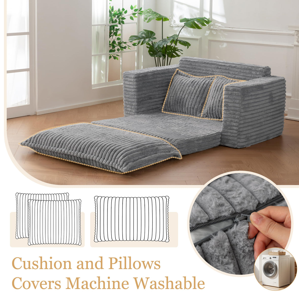 Loveseat Sleeper Sofa, Convertible Sofa Bed Couch Futon Couches for Living Room, 3-in-1 Pull Out Floor Couch with Washable Cushion and Pillows, Dark Grey YOSHOOT