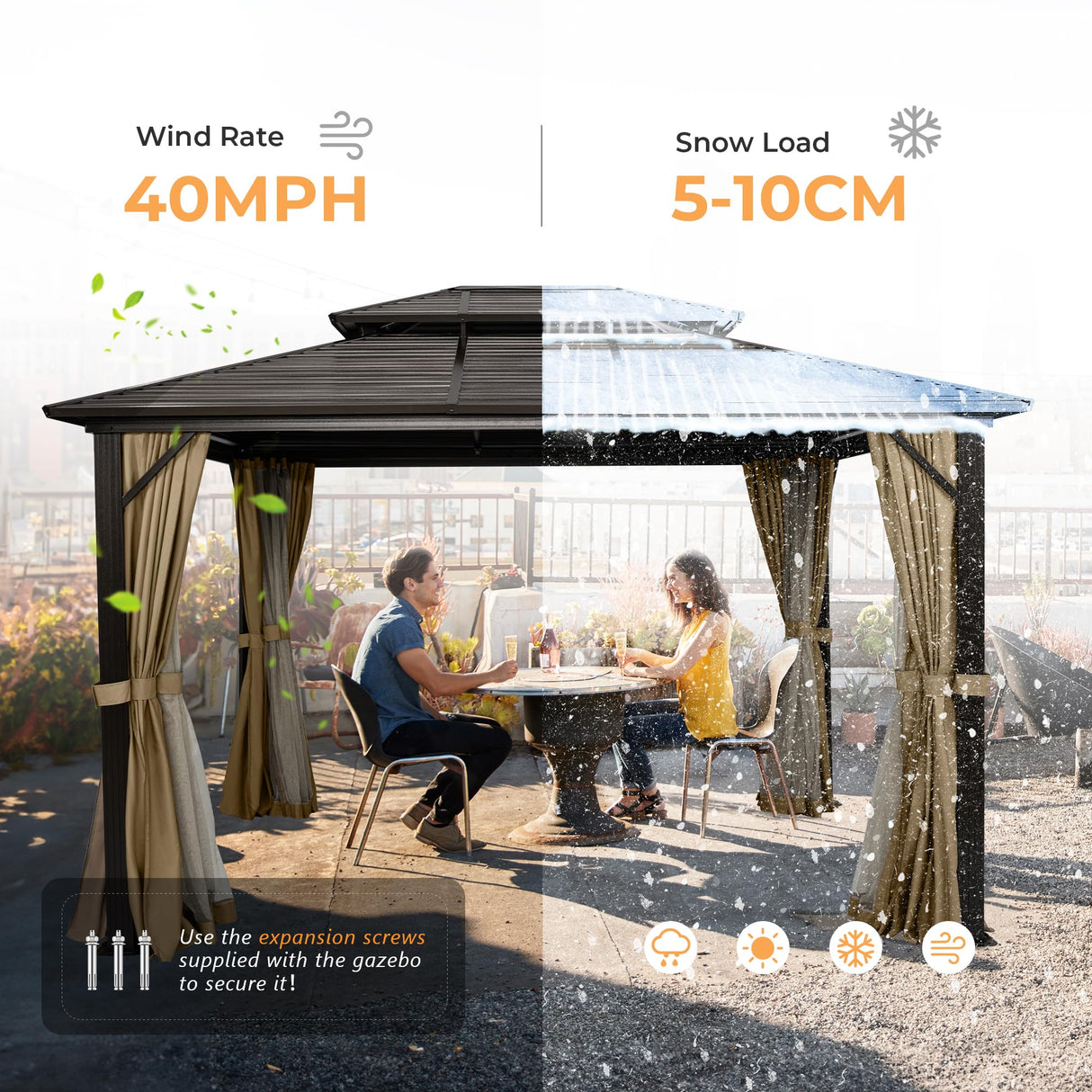 HAPPATIO 10' x 12' Hardtop Gazebo with Aluminum Frame, Outdoor Gazebo Hardtop with Galvanized Steel Double Roof for Deck, Backyard, Patio, Lawns (Brown) HAPPATIO