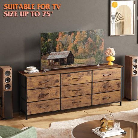 WLIVE 63''W Dresser for Bedroom, Dresser TV Stand for 65, 70, 75 inch TV, Wide Chest of Drawers with 9 Drawer, Large Entertainment Center, Fabric Dressers with Wood Top for Living Room, Rustic Brown WLIVE
