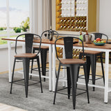 Alunaune 24" Swivel Metal Bar Stools Set of 4 High Back Counter Height Barstools Industrial Dining Bar Chairs with Large Wooden Seat-Matte Black Alunaune