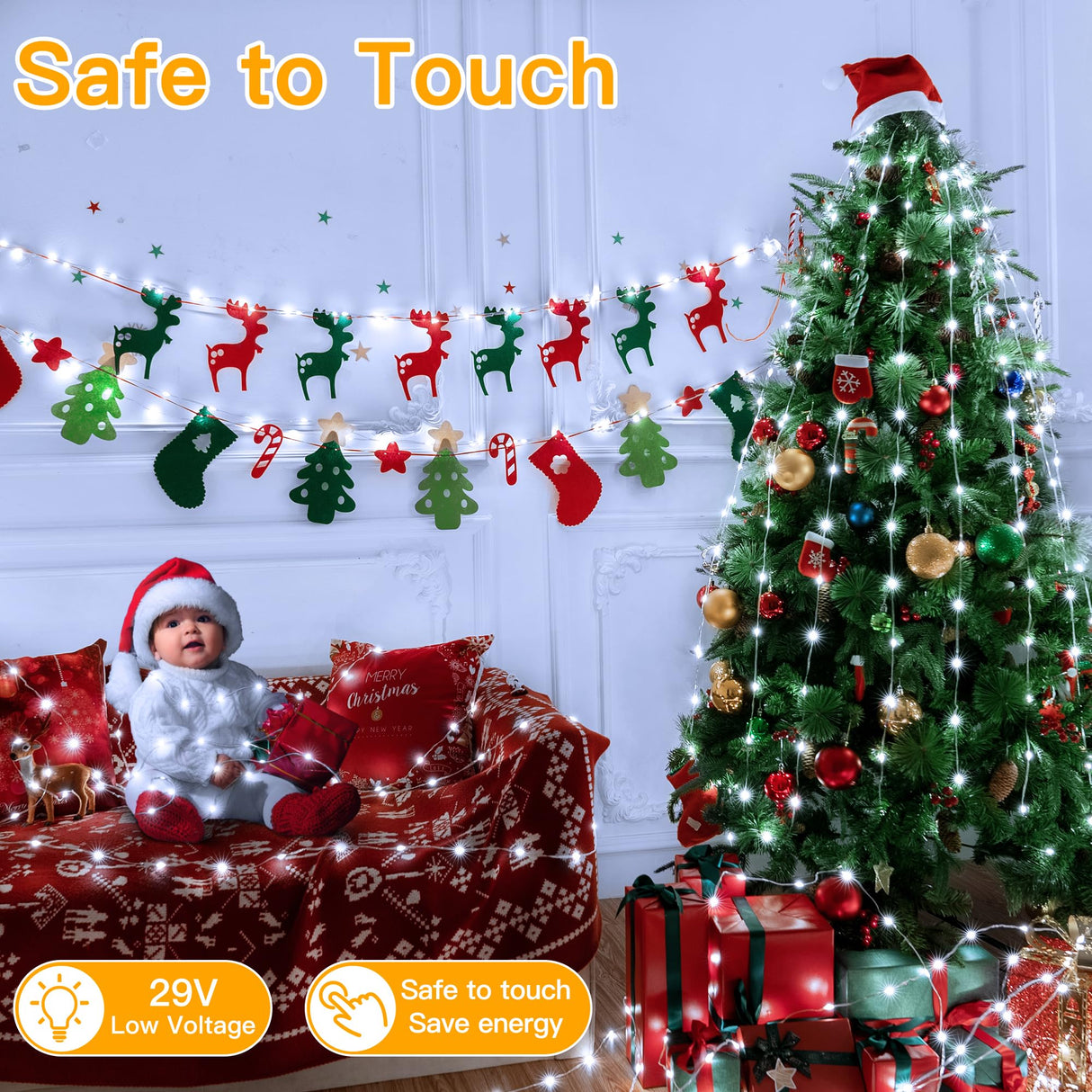 Ollny Christmas Lights Cool White, 600LED 197FT Christmas Tree Lights IP67 Waterproof, Plug in Fairy Lights with Remote 8 Modes Timer, Xmas Lights for Outdoor Indoor House Holiday Decor Ollny