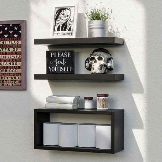 RICHER HOUSE Black Floating Shelves Set of 3, Modern Bathroom Shelves Wall Mounted Shelves for Wall Decor, Over Toilet Black Wall Shelves for Bathroom Bedroom, Living Room, Kitchen - Black