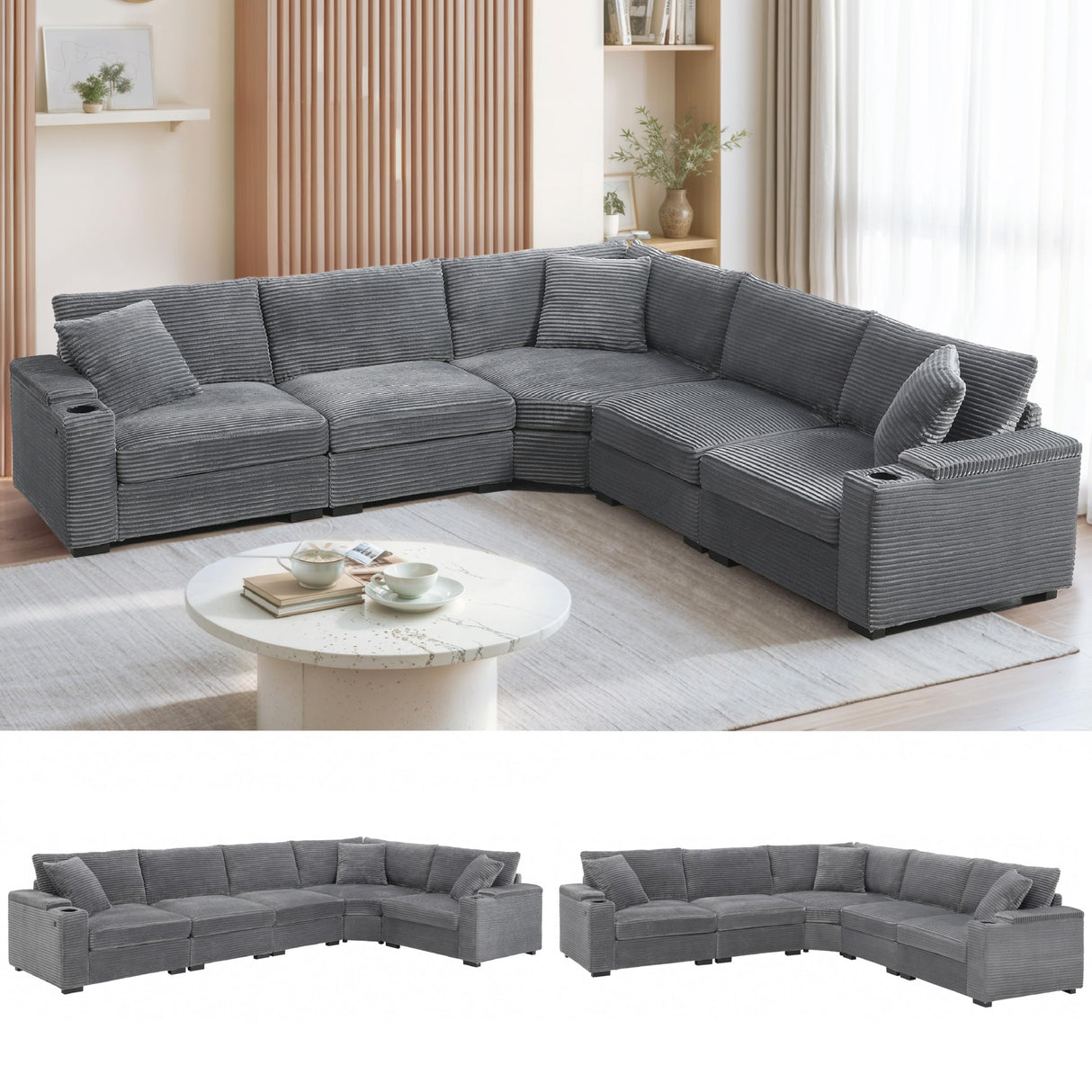 Merax 106" Corduroy Sectional Corner Sofa with Cup Holders & USB Charger, 5 Seat Convertible L Shaped Couch Set with Armrest Storage, Oversized Comfy Modular Sofabed for Living Room & Apartment, Gray Merax