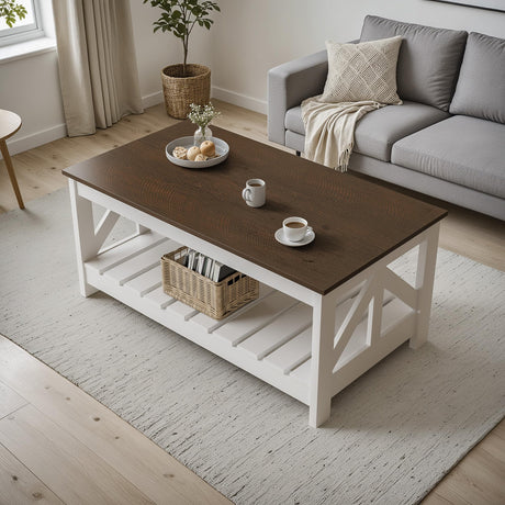YESHOMY Farmhouse Coffee Table, Wood Square Open Storage Compartment for Living Room, Brown and White YESHOMY