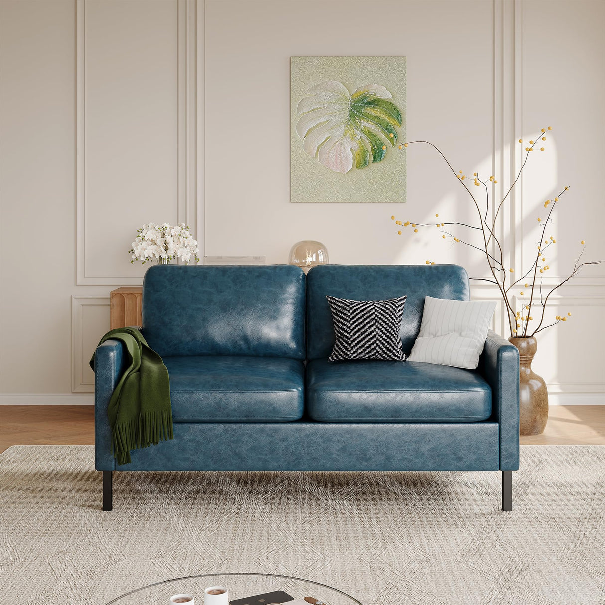 STHOUYN 57" W Faux Leather Loveseat w/ 2 USB, Small Loveseat Sofa w/Side Pockets, Wooden Frame Small Couch w/Metal Legs, Office Mini Couch for Dorm, Bedroom, Apartment (Blue, 2 Seater) STHOUYN