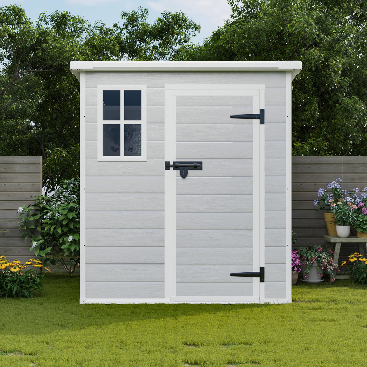 6x6 FT Outdoor Storage Resin Shed with Floor, Plastic Garden Tool Shed with Sloped Roof, Lockable Door & Windows, Easy to Assemble Bike Shed for Lawn, Backyard, Patio, White LINKHOO