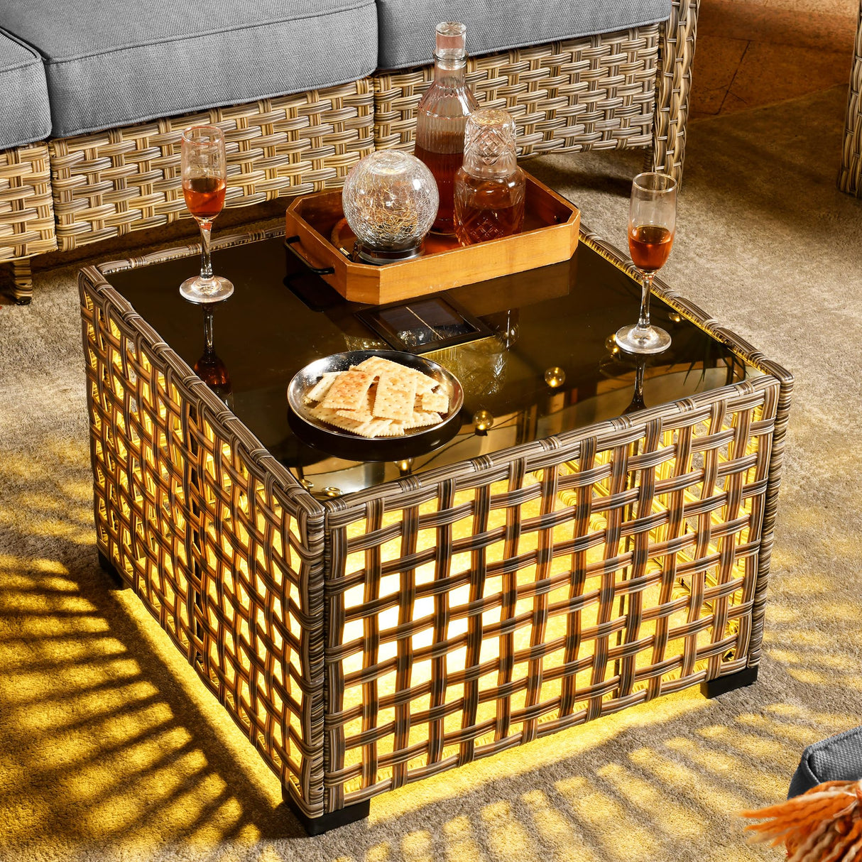 CAODOC Outdoor Patio Furniture Set, 5-Piece PE Wicker Sofa with Shiny Table and Swivel Chairs, Outdoor Conversation Set for Patio, Garden, Backyard Dark Gray CAODOC