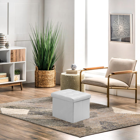 AmasSmile Storage Ottoman Foot Rest Stool, 17 inch Folding Leather Footstool Bench, Short White Ottoman Stool, Storage Foot Rest Store, Books AmasSmile
