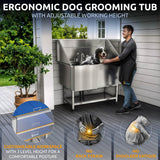 KANIS Professional Dog Washing Station - 304 Stainless Steel Pet Wash Sink & Grooming Bathtub w/Shower, Floor Grates and Storage for Large, Medium & Small Pets (50", Shelf - Left Ramp) KANIS