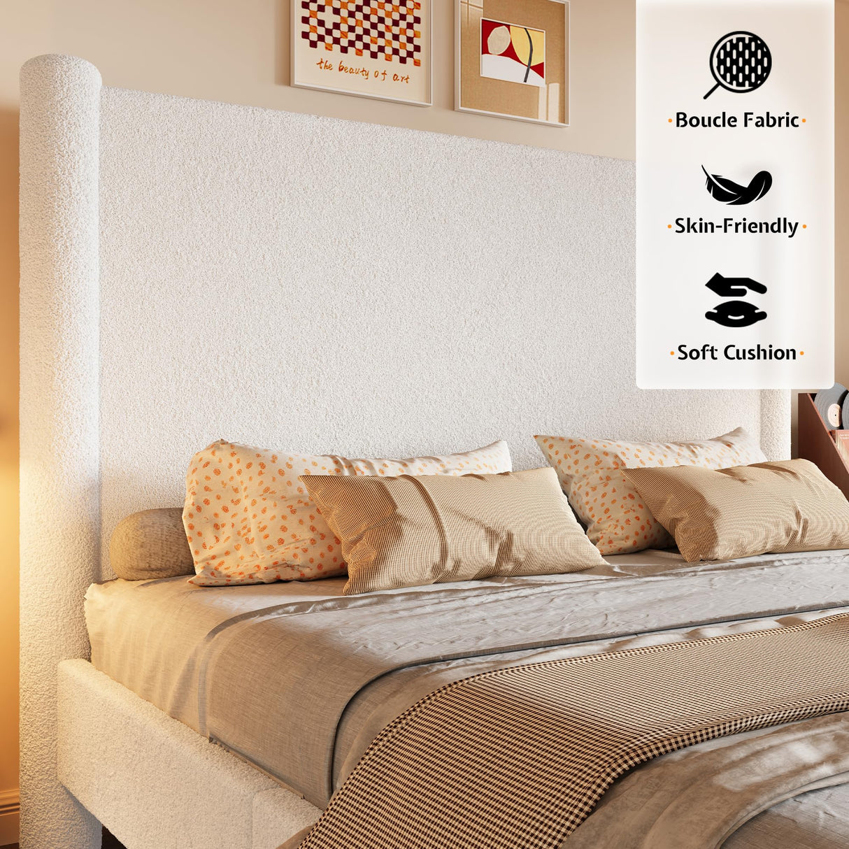 Jocisland King Size Upholstered Bed Frame with Boucle Chenille Fabric, Cloud-Inspired Headboard & Corner Design, Sturdy Platform Bed, No Box Spring Needed, White Jocisland