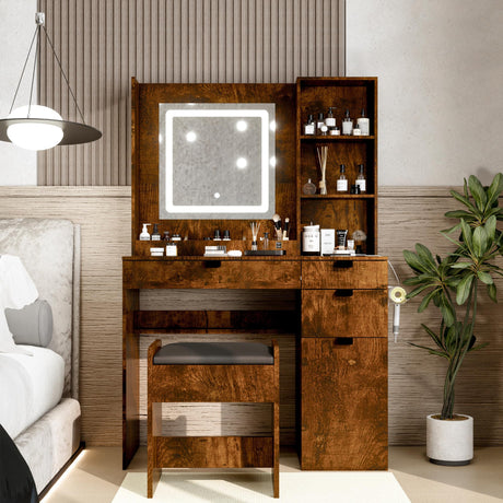 NEDYO Vanity with Mirror and Lights, Makeup Vanity Table Set, Dressing Table, Small Wood Vanity with Chair, Touch-Sensitive Dimmable Mirror, Shelves and Drawers. Industrial Style Vintage Brown NEDYO