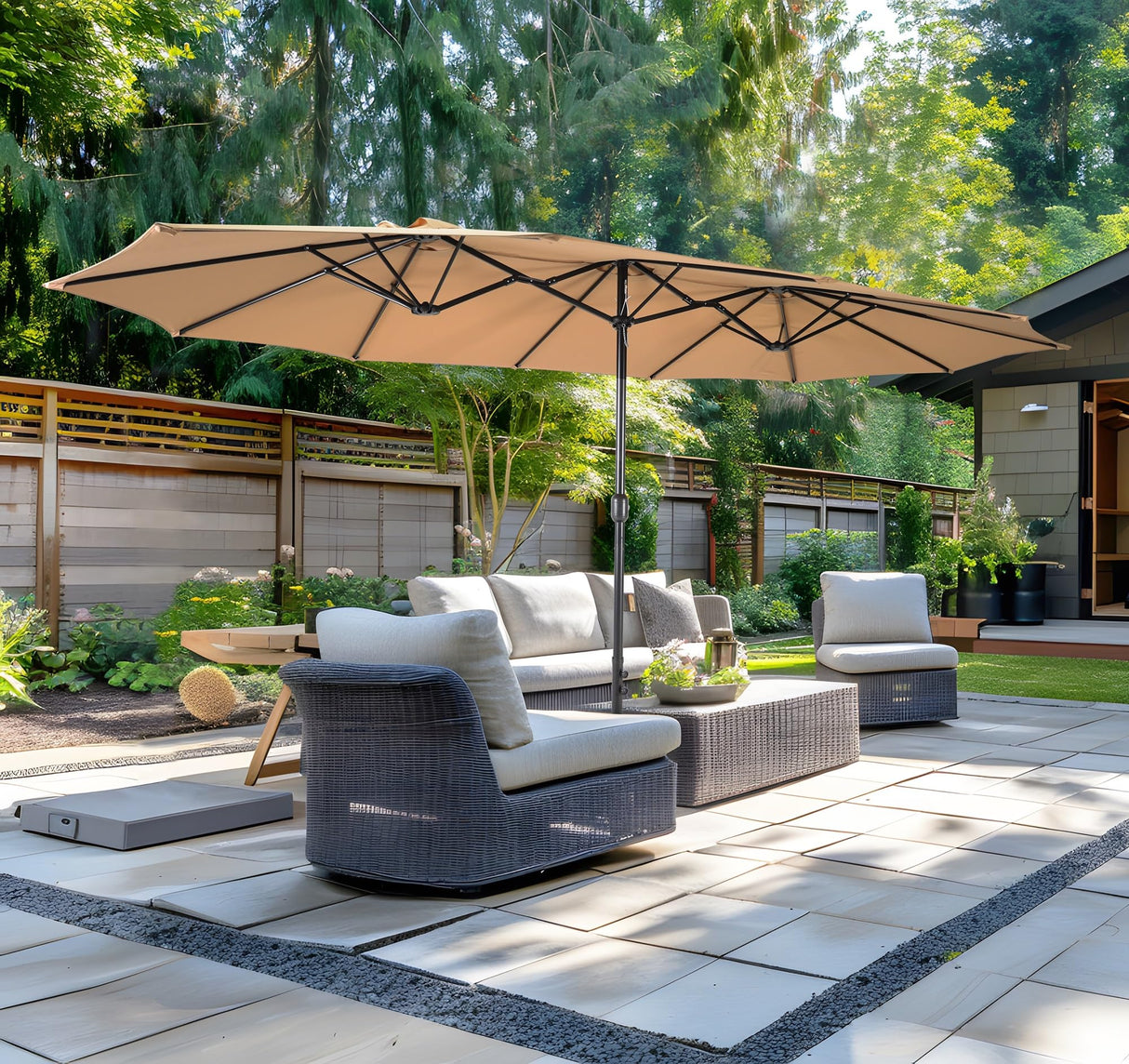 Bigroof 15ft x 9ft Patio Double-Sided Umbrella with Base & Crank, Extra Large Rectangular Outdoor Umbrella for Patio, poolside Lawn & Garden, Beige Bigroof