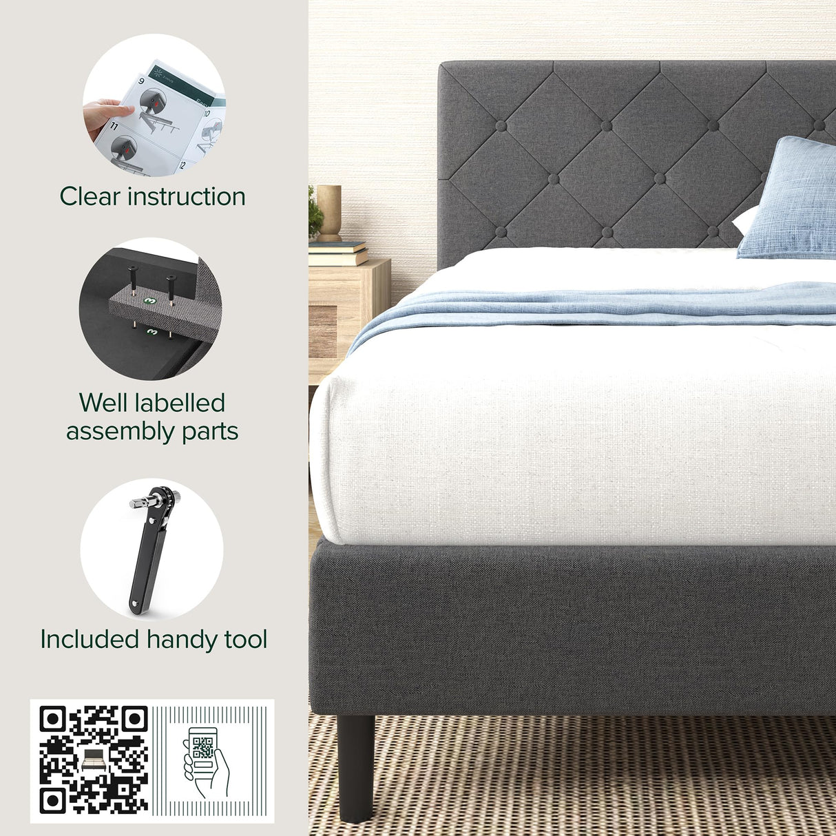 Zinus Full Shalini Upholstered Platform Bed Frame with Headboard [New WonderBox(TM) Version], Wooden Slat Support, No Box Spring Needed, Easy Assembly, Eco Friendly Packaging, Dark Grey Zinus