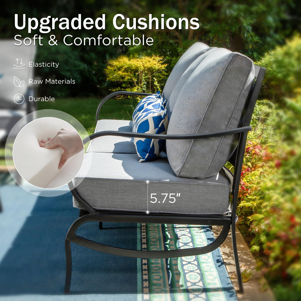 PHI VILLA 5 Piece Patio Furniture Set with 28" Firepit Table, 4 Outdoor 5.75" Cushioned Metal Frame Swivel Sofa Chairs & 28" Gas Firepit Table, Outside Furniture Set for Lawn Garden(Grey) PHI VILLA