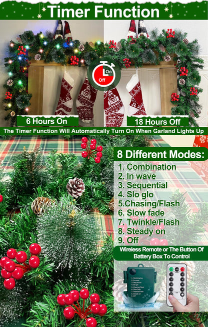 [ Remote Control & Timer 8 Modes ] TURNMEON 9Ft Christmas Garland with 50 Colorful Lights Thicker 300 Branches Tips 18 Pinecones 198 Red Berries Prelit Lighted Garland Christmas Decorations Mantel