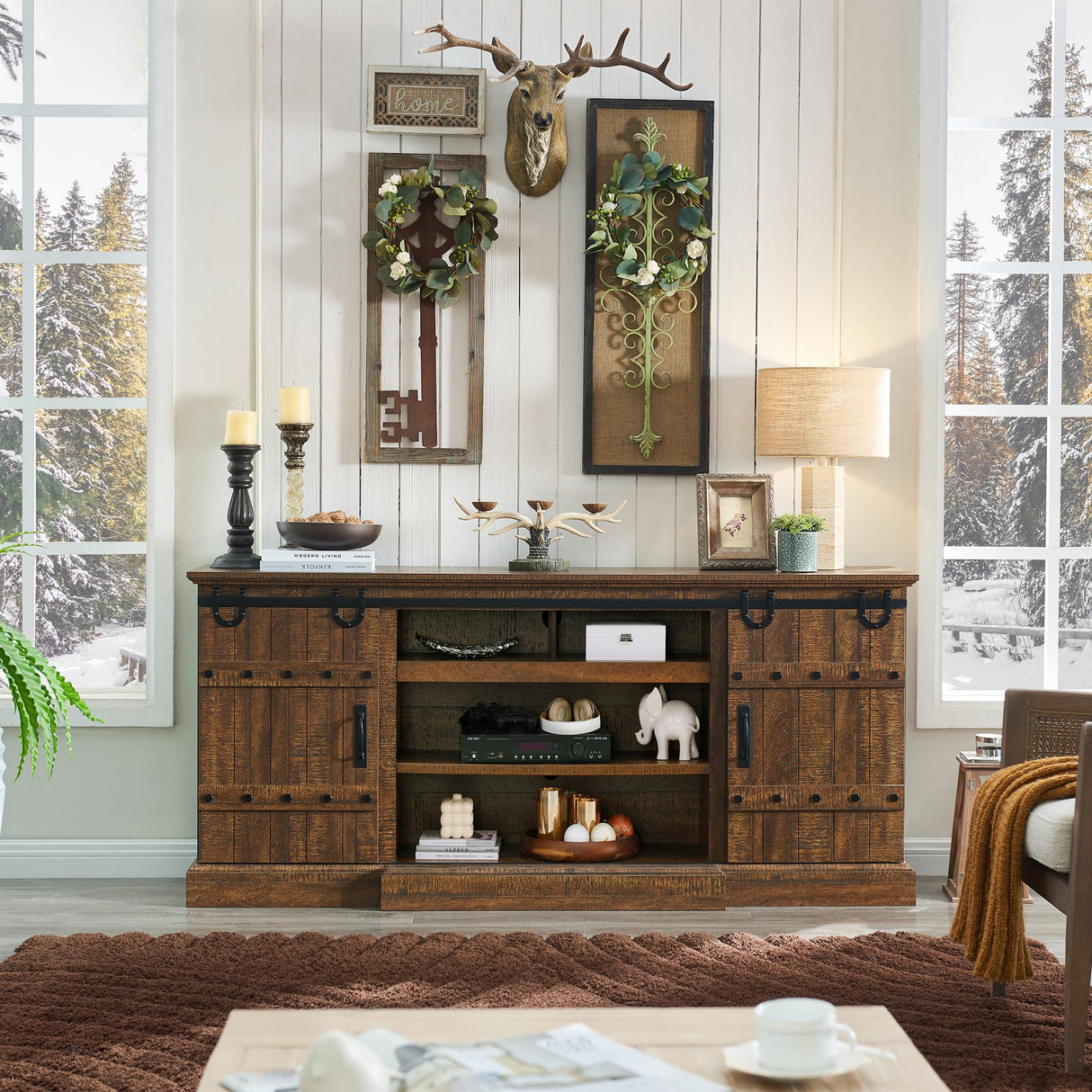 OKD Farmhouse 75" TV Stand for 80 85 Inch TV, Rustic Media Console Table with Sliding Barn Door, Large Highboy Entertainment Center with Storage Cabinet for Living Room, Bedroom, Reclaimed Barnwood OKD