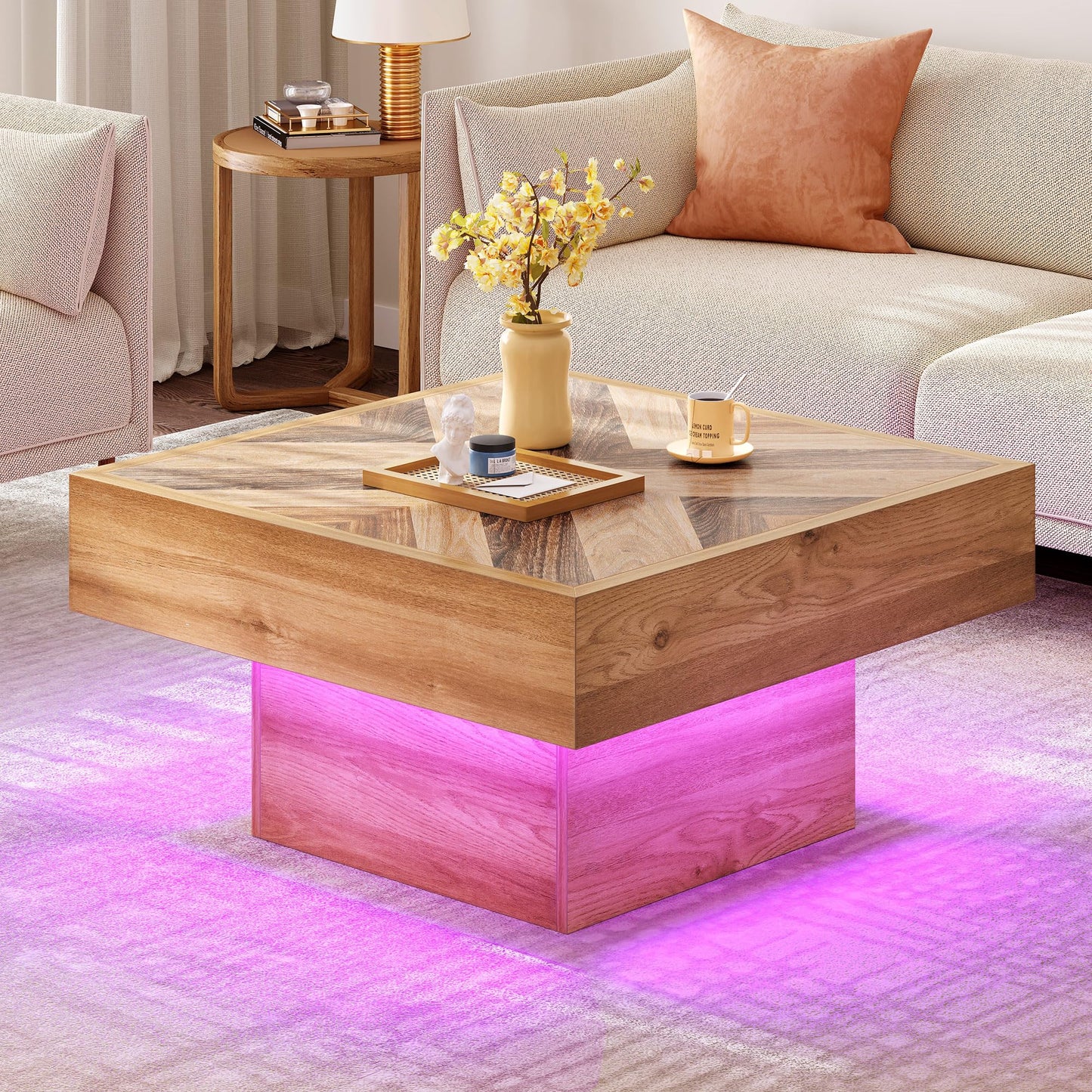 YITAHOME LED Coffee Tables for Living Room, Modern Coffee Table with Storage, Square Wood Coffee Table with 2 Sliding Drawers, Led Center Table for Living Room, Brown