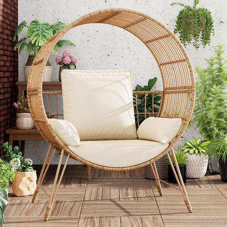 Yechen Egg Chair Outdoor, Oversized Wicker Patio Chairs with 350LBS Capacity, Rattan Porch Chair, 6.69'' Cushions for Living Room, Bedroom, Garden, Round Nest Chairs with Steel Stands Easy Assembly Yechen