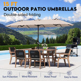 DomeShade 15ft Patio Umbrella with Base,Large Outdoor Double-Sided Rectangle Umbrella with Crank Handle, Market Umbrella for Poolside Garden Deck Backyard Beach Pools, Beige DomeShade