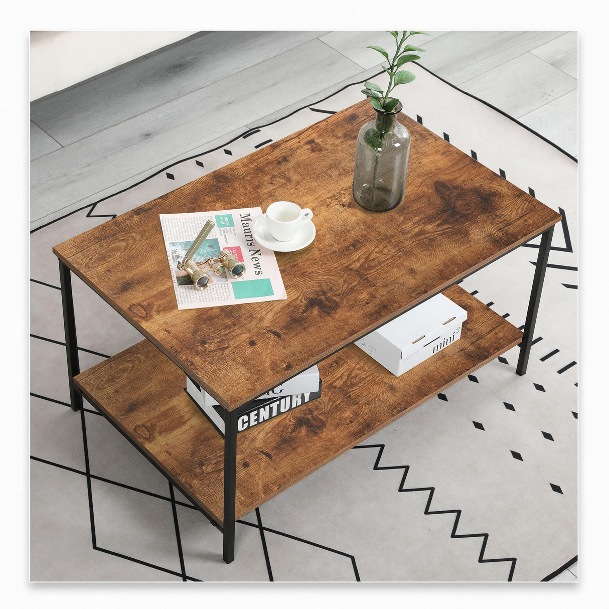 SENIG Small Brown Rectangle Wood and Metal Coffee Table with Storage Shelf for Small Living Rooms SENIG