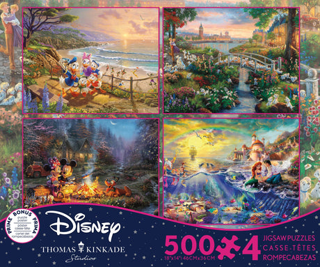 Ceaco - 4 in 1 Multipack - Thomas Kinkade - Disney Dreams Collection - Donald & Daisy Duck, 101 Dalmatians, Mickey, Minnie, & Pluto, & The Little Mermaid - (4) 500 Piece Jigsaw Puzzles Ceaco
