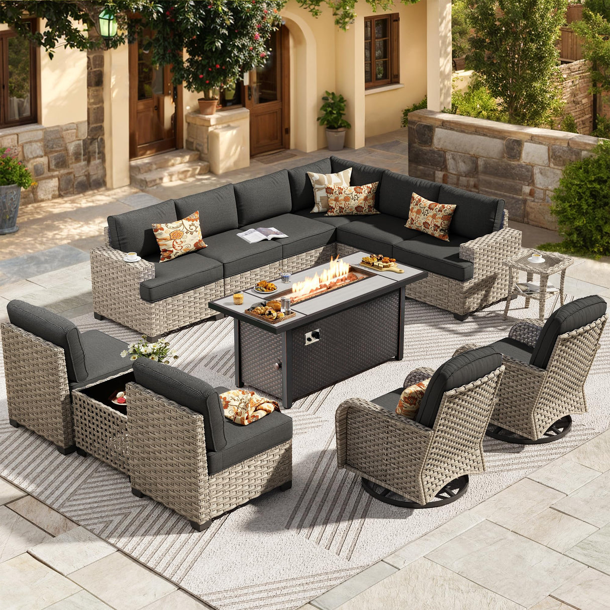 HOOOWOOO Outdoor Sectional Patio Furniture Set with Fire Pit Table,13 Pieces Wicker Conversation Sets L Shaped Couch,Extra Deep Out Door Sofa Outside Furniture with Swivel Chairs,Black HOOOWOOO