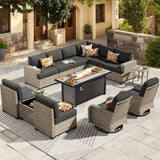 HOOOWOOO Outdoor Sectional Patio Furniture Set with Fire Pit Table,13 Pieces Wicker Conversation Sets L Shaped Couch,Extra Deep Out Door Sofa Outside Furniture with Swivel Chairs,Black HOOOWOOO
