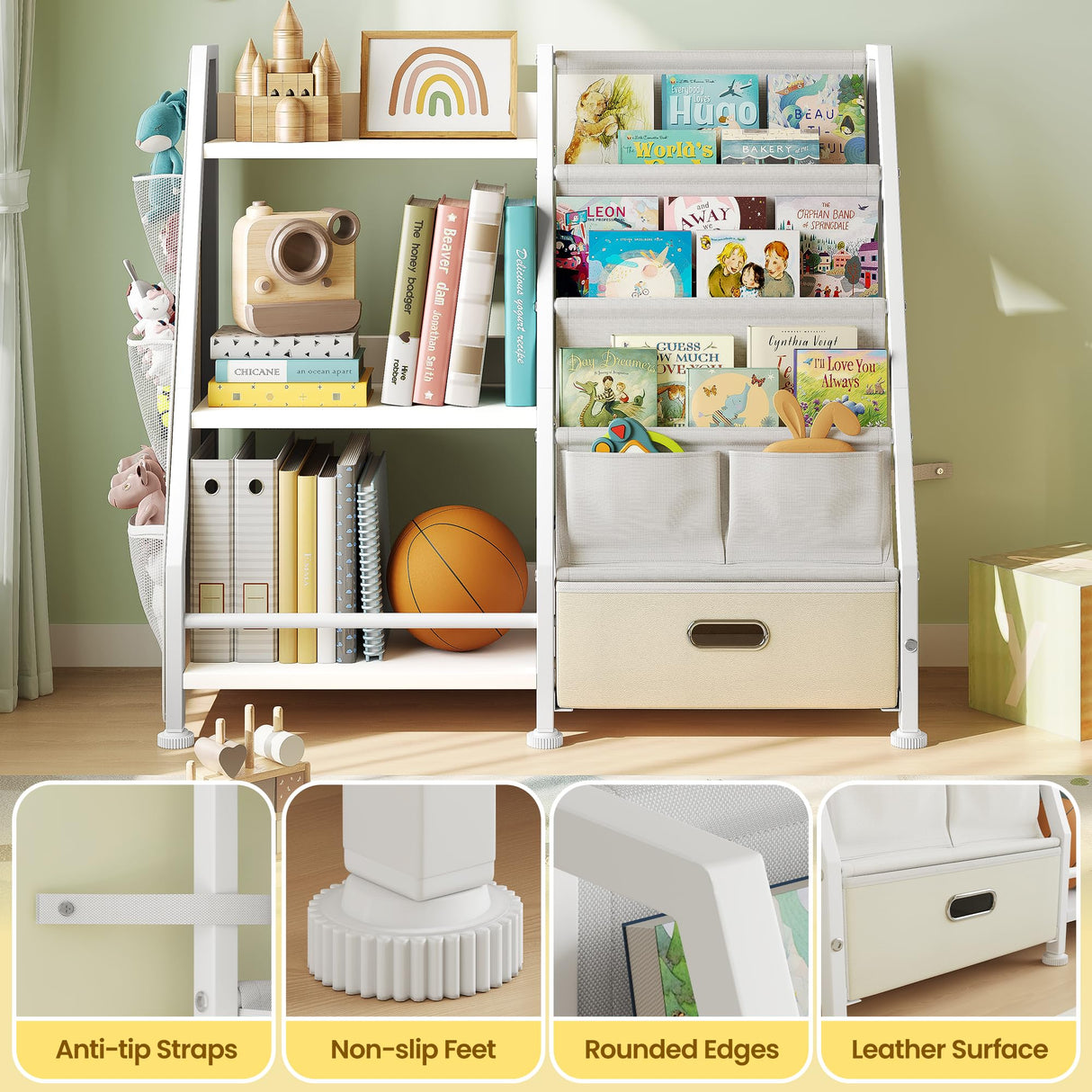 Kids Bookshelf and Toy Storage Organizer: White Book Shelf for Kids Room with Drawer to Storage Books and Toys Organizer - 3 Tire Toddler Bookshelf with 3 Side Pockets for Nursery, Bedroom, Playroom GoTiling