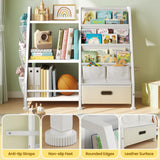 Kids Bookshelf and Toy Storage Organizer: White Book Shelf for Kids Room with Drawer to Storage Books and Toys Organizer - 3 Tire Toddler Bookshelf with 3 Side Pockets for Nursery, Bedroom, Playroom GoTiling