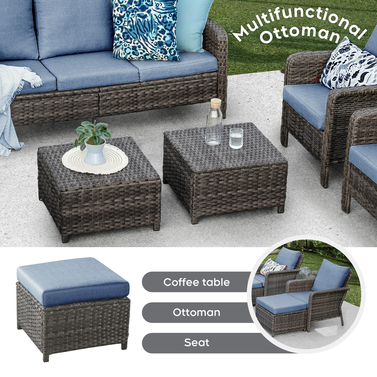 Brafab Outdoor Patio Furniture Set with 44" Gas Fire Pit Table - PE Wicker Patio Conversation Sets Cushioned Seat Couch - 9 Seats Outdoor Sectional Chair Sofa Set for Yard Garden Porch, Blue Brafab
