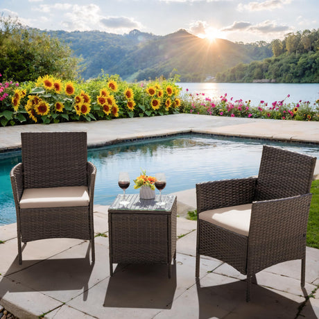 Flamaker Patio Furniture Set 3 Pieces All-Weather Rattan Outdoor Furniture Patio Chairs with Tempered Glass Table for Porch Bistro Balcony (Brown/Cream) Flamaker