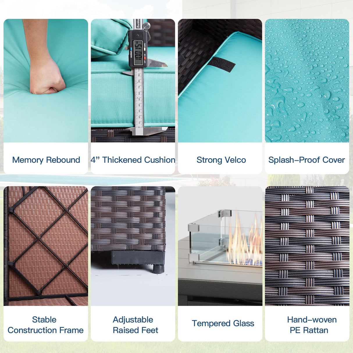 Kullavik 13 Pieces Outdoor Patio Furniture Set with 55000BTU Gas Propane Fire Pit Table,PE Wicker Rattan Sectional Sofa Patio Conversation Sets,Swivel Rocking Chairs Set,Blue Kullavik