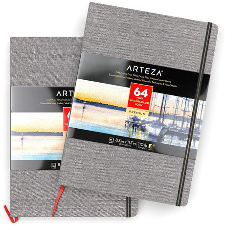 ARTEZA Watercolor Book, Pack of 2, 64 Pages Each, 8.3x11.7 Inches Watercolor Journal, 110lb/230gsm Water Color Book ARTEZA