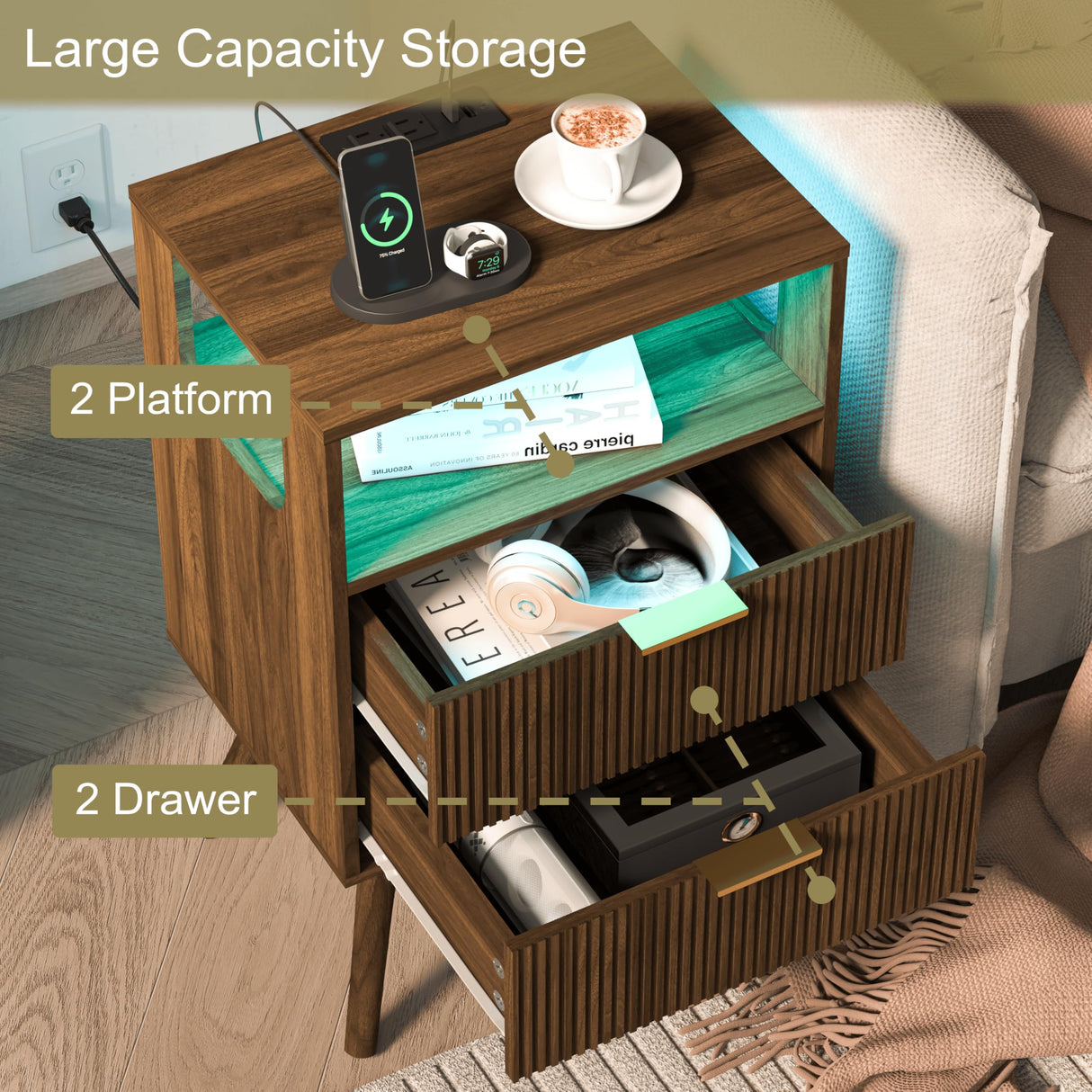 JOONEE Nightstand with Charging Station and LED Lights,Modern Bedside Table with 2 Storage Drawer and Open Wood Shelf, for Bedroom and Small Spaces,Night Stand with Solid Wood Legs,Walnut Brown JOONEE
