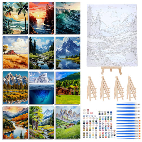 RoundFunny 12 Set Paint by Numbers Kit for Adults Landscape Painting 8x10 Inch with Wooden Frame Easel Acrylic Paints Brushes Watercolor Oil Paint by Number Gifts for Home Wall Decor RoundFunny