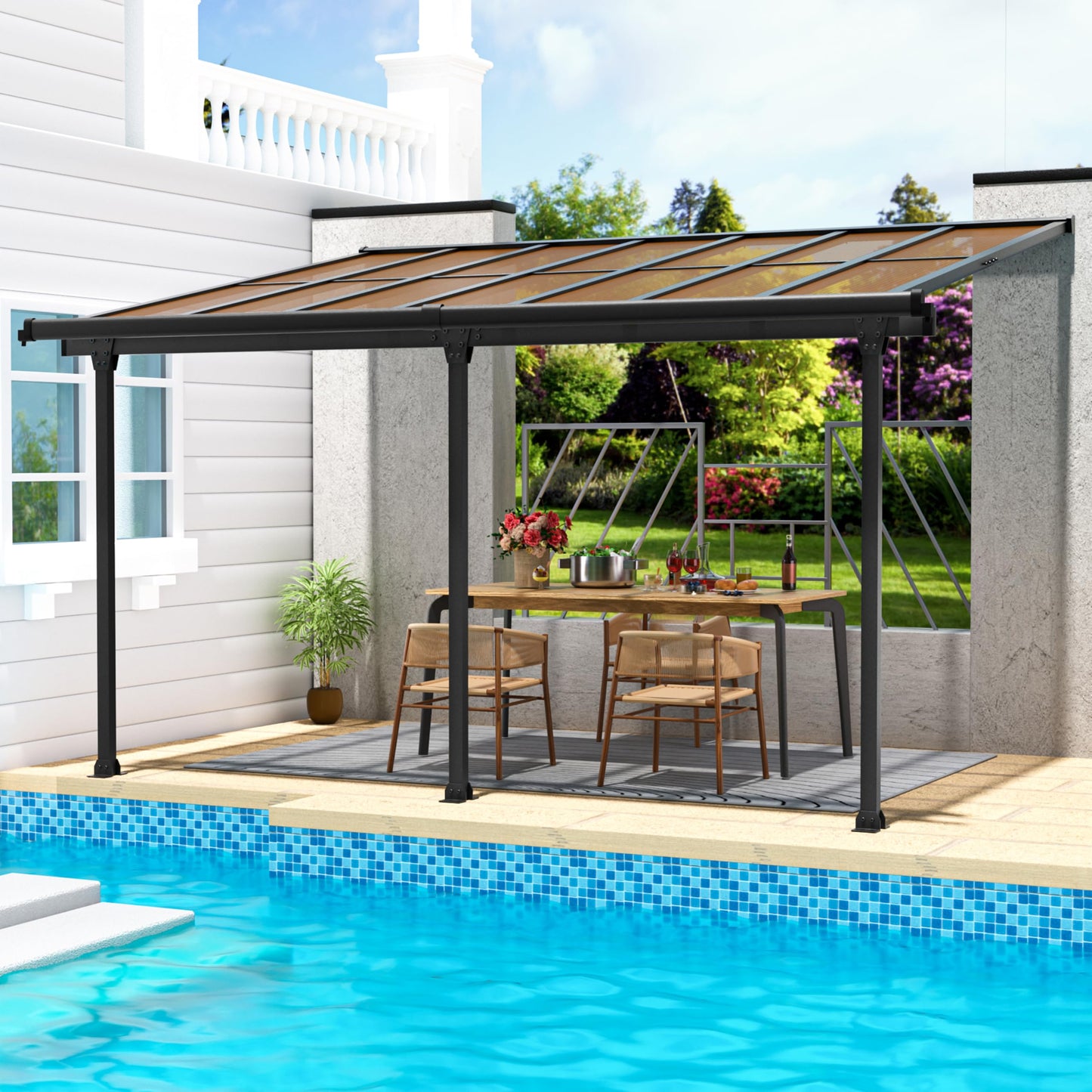 VEIKOU 14x10 FT Gazebo, Wall Mounted Gazebo with Polycarbonate Roof, Aluminum Frame, Outdoor Pergola Lean to Gazebo for Deck, Porch, Backyard