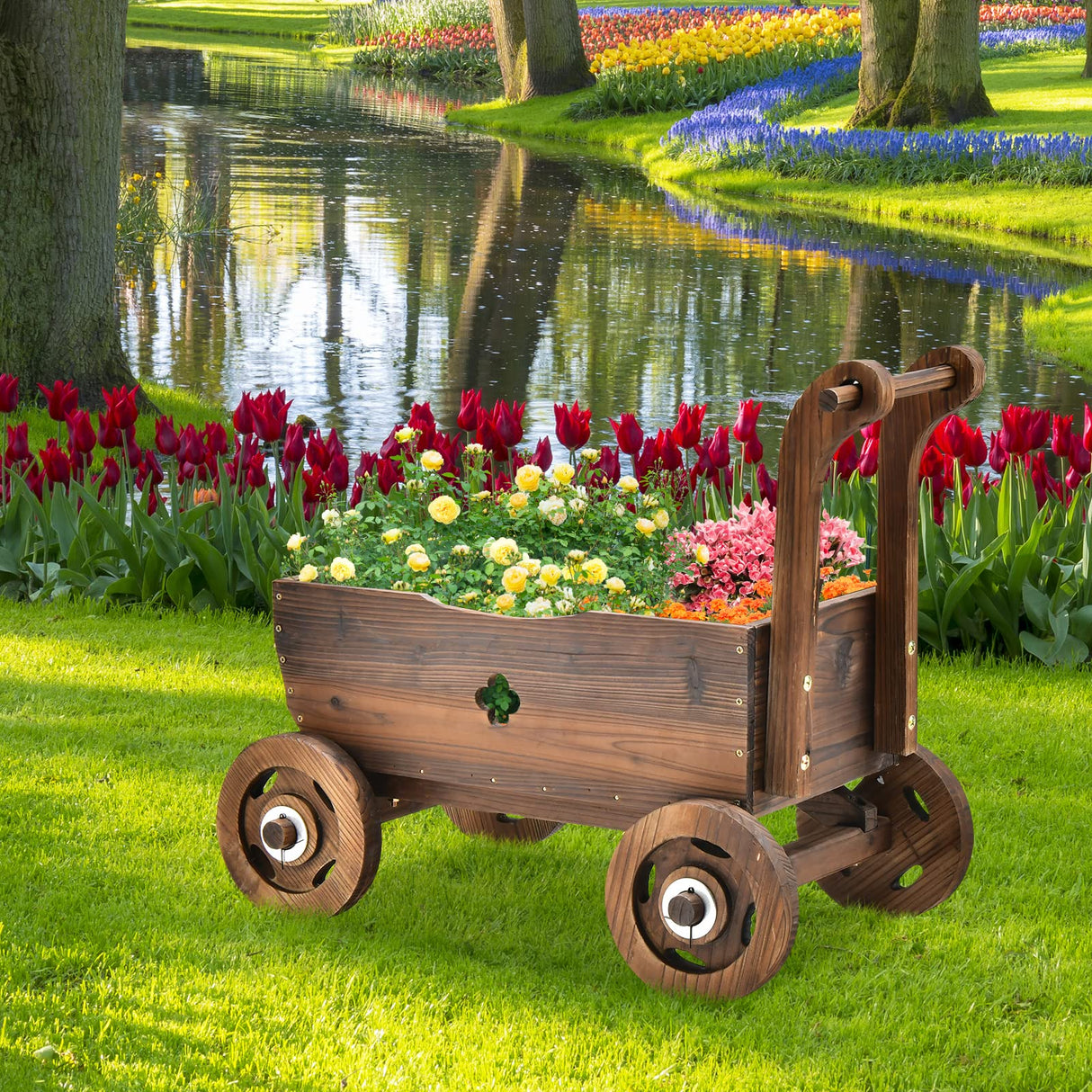 HAPPYGRILL Wagon Flower Planter Cart, 4-Wheel Wood Garden Wagon Decor with 2 Drainage Holes, Movable Flowerpot Holder Stand, Indoor Outdoor Raised Plant Bed HAPPYGRILL