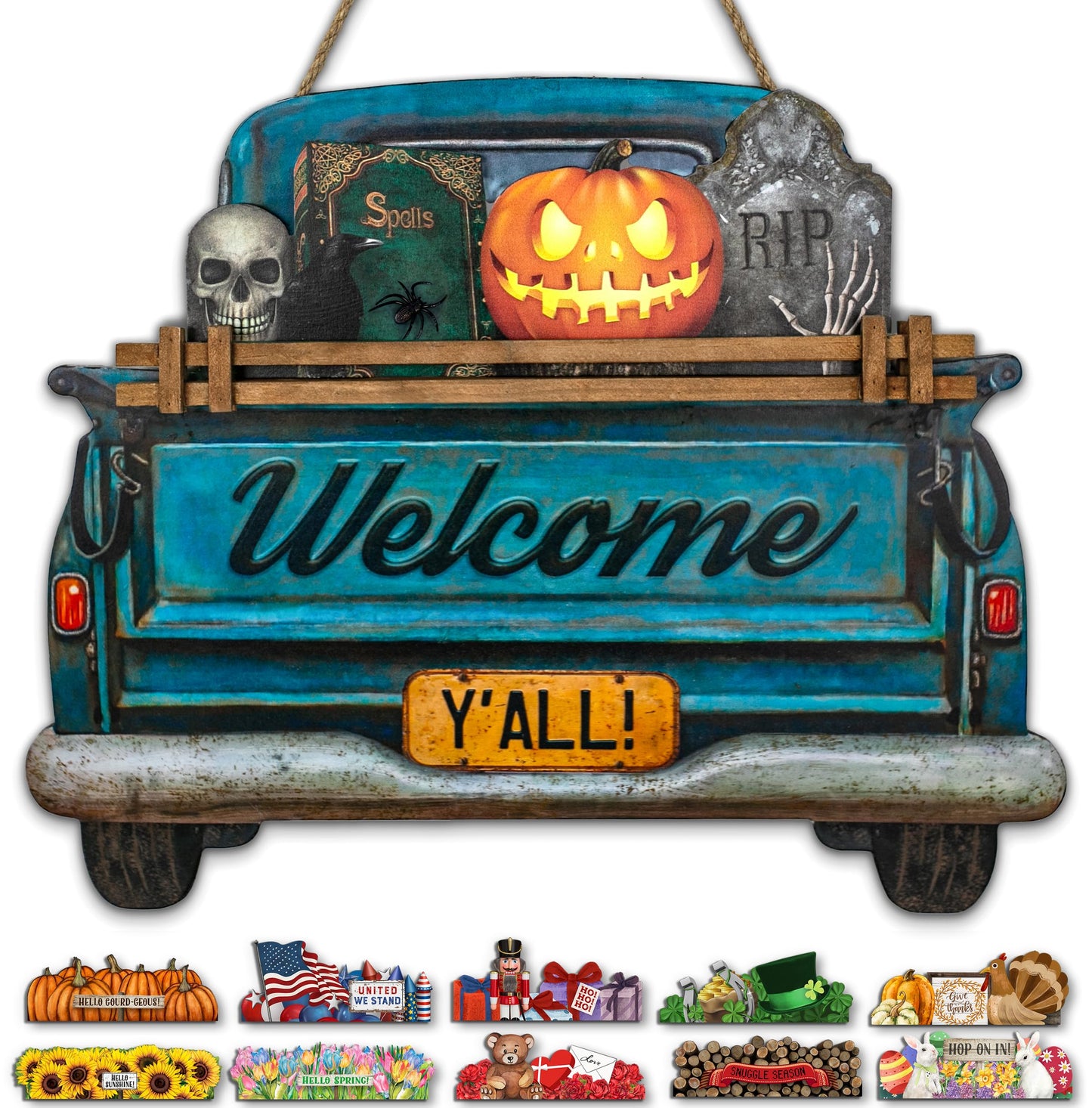 Interchangeable Welcome Sign for Front Door Blue Farmhouse Truck Decor Hanging Sign with 11 Interchangeable Seasonal and Holiday Decor Signs 12x14 in. (Blue Farmhouse Truck)