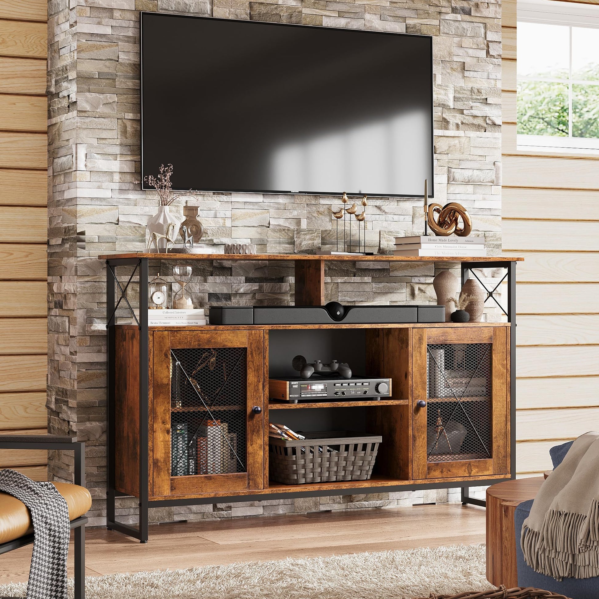 WLIVE TV Stand 55 inch TV,Tall Entertainment Center with Storage, Farmhouse Industrial TV Console for Bedroom Living Room, Rustic Brown - WoodArtSupply