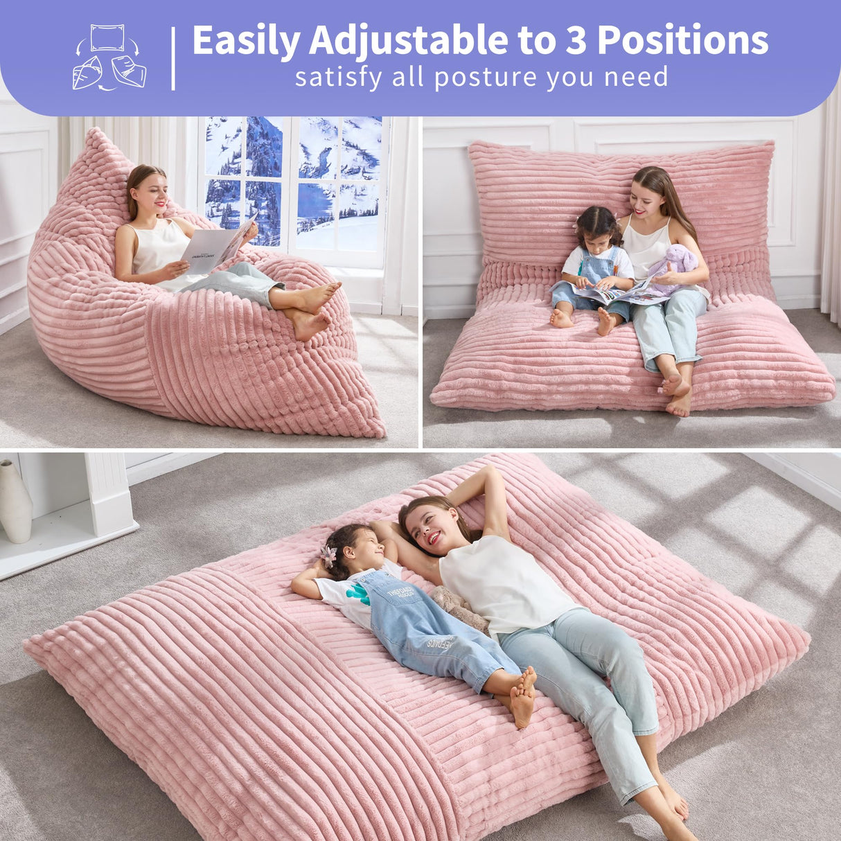 Hobestluk 3 in 1 Bean Bag Chair Giant Bean Bag Chairs Convertible Bean Bag Cushion with Machine Washable Cover, Large Beanbag Chairs for Adult (Pink) Hobestluk