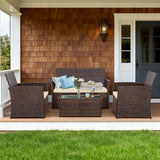 Seogwisam 4 Piece Patio Furniture Set, Outdoor Wicker Conversation Set, Rattan Sectional Sofa Couch with Glass Coffee Table & Thick Cushion for Backyard, Porch, Garden, Poolside, Brown/Beige Seogwisam