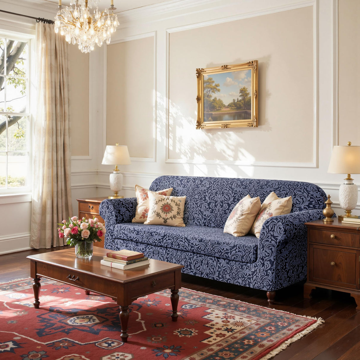 SUBRTEX 2 Piece Couch Covers, Jacquard Damask 3 Seater Sofa Cover with Seat Cushion, Stretch Sofa Slipcovers Non Slip Furniture Protector for Dogs Pets (Large, Grey) SUBRTEX